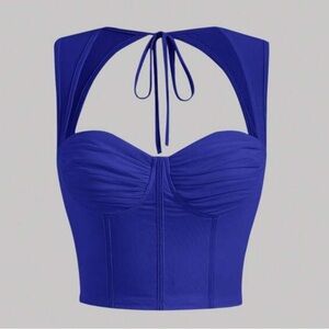 (3 for 15) Tie Backless Ruched Bustier Crop Tank Top / blue / size s